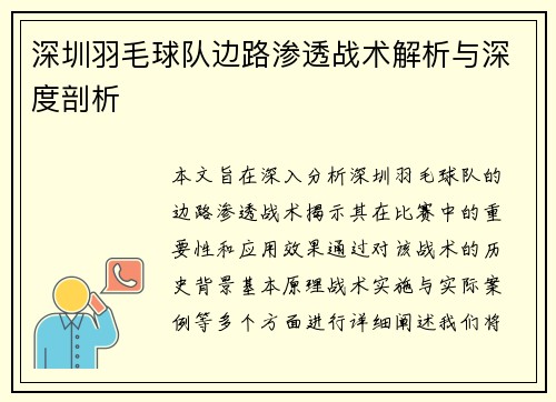 深圳羽毛球队边路渗透战术解析与深度剖析